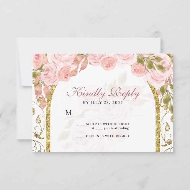 Floral Blush Pink Gold Arch Quinceañera RSVP Card (Front)