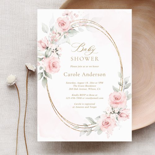 Floral Blush Pink Gold Baby Girl Shower Invitation