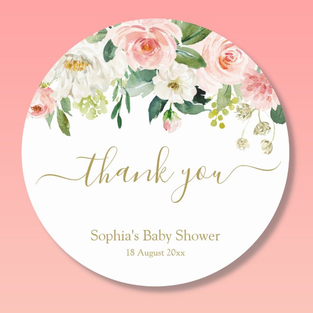 Floral Blush Pink Gold Botanical Thank You Sticker (Pink Floral Thank You Label)