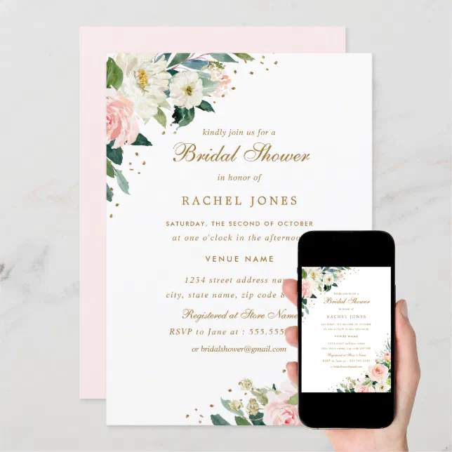 Floral Blush Pink Gold Bridal Shower Invitation Zazzle