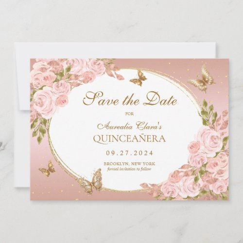 Floral Blush Pink Gold Butterfly Quinceanera Announcement