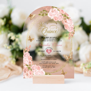 Floral Blush Pink Gold Butterfly Quinceañera Arch Acrylic Invitations