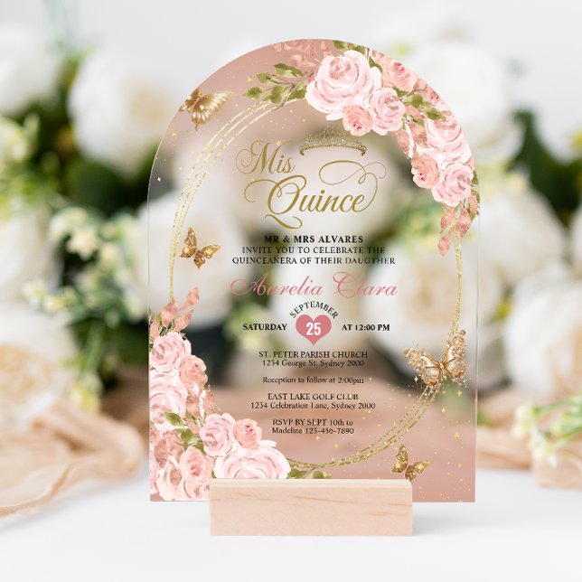 Floral Blush Pink Gold Butterfly Quinceañera Arch Acrylic Invitations (Creator Uploaded)