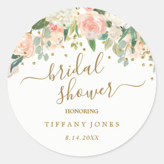 Floral Blush Pink Gold Confetti Bridal Shower Classic Round Sticker