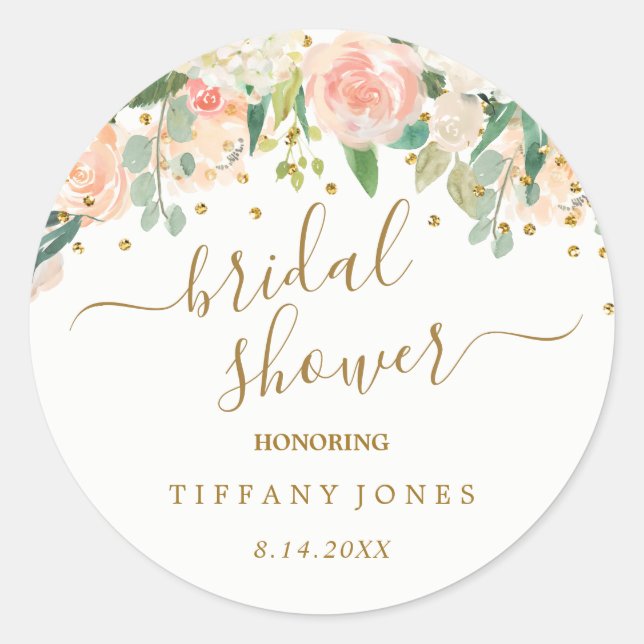 Floral Blush Pink Gold Confetti Bridal Shower Classic Round Sticker (Front)