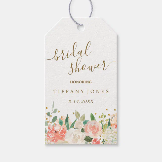 Floral Blush Pink Gold Confetti Bridal Shower Gift Tags | Zazzle