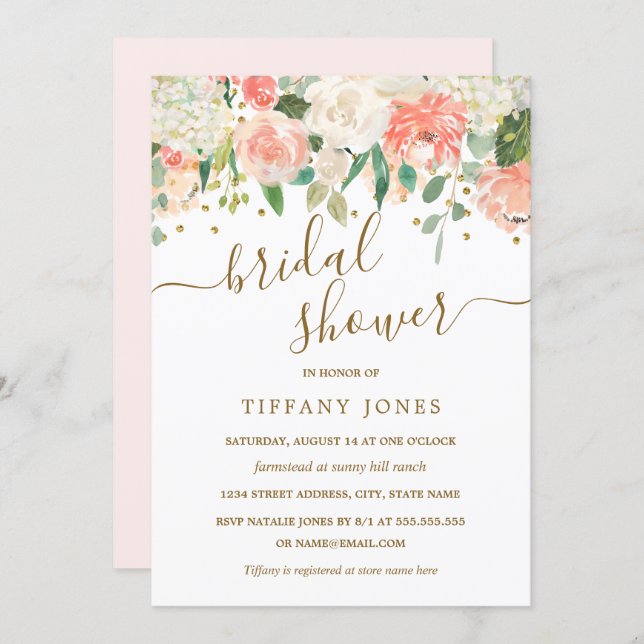 Floral Blush Pink Gold Confetti Bridal Shower Invitation (Front/Back)