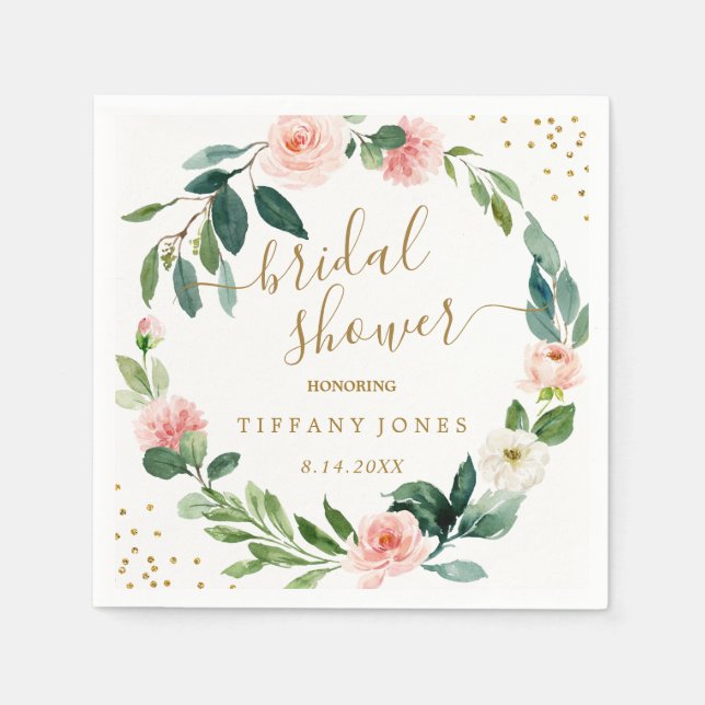 Floral Blush Pink Gold Confetti Bridal Shower Napkins (Front)