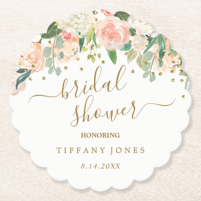 Floral Blush Pink Gold Confetti Bridal Shower Paper Coaster (Front)