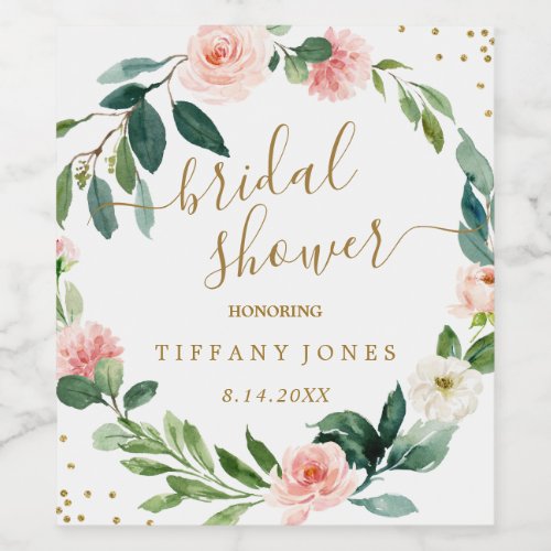 Floral Blush Pink Gold Confetti Bridal Shower Wine Label