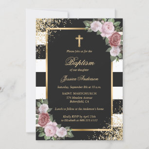 Floral Blush Pink Gold Cross Black Elegant Baptism Invitation