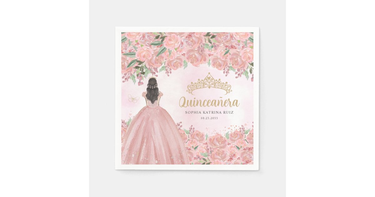 Floral Blush Pink Gold Dress Princess Quinceanera Napkins | Zazzle