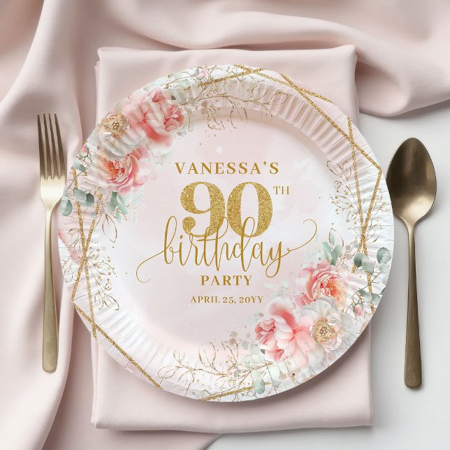 Floral Blush Pink Gold Frame Custom 90th Birthday  Paper Plates (Floral Blush Pink Gold Frame Custom 90th Birthday Plate)