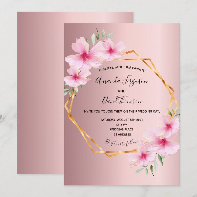 Floral blush pink gold geometric wedding invitation (Front/Back)