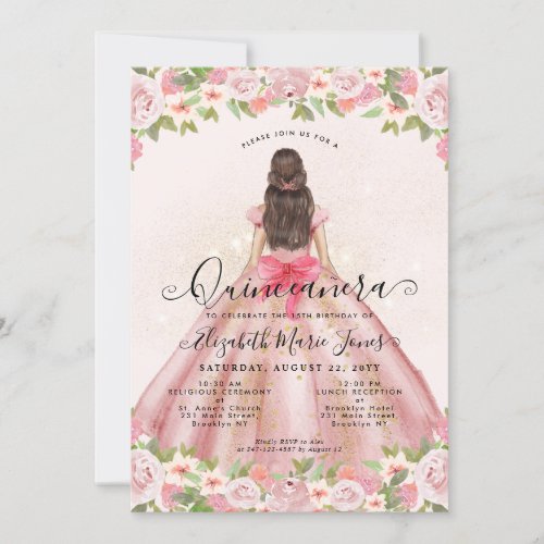 Floral Blush Pink Gold Glam Princess Quinceanera Invitation