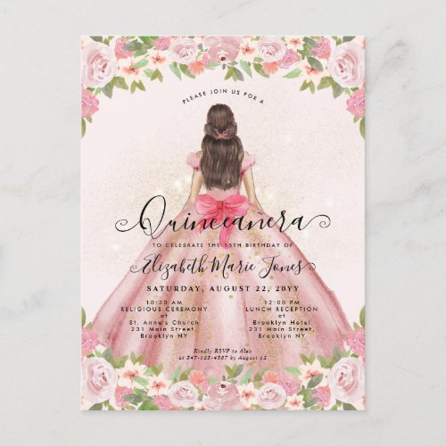 Floral Blush Pink Gold Glam Princess Quinceanera Postcard