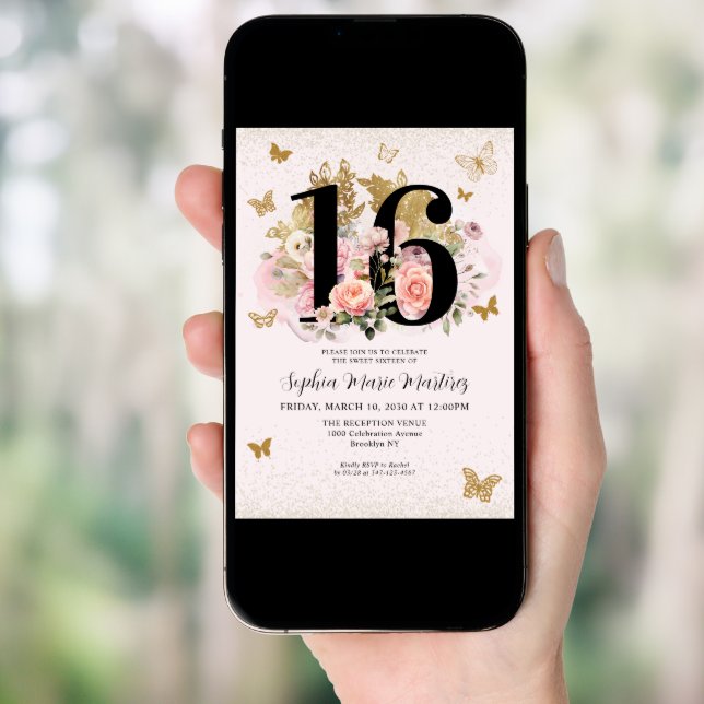 Floral Blush Pink Gold Glitter Butterfly Sweet 16 Invitation (Front Digital)