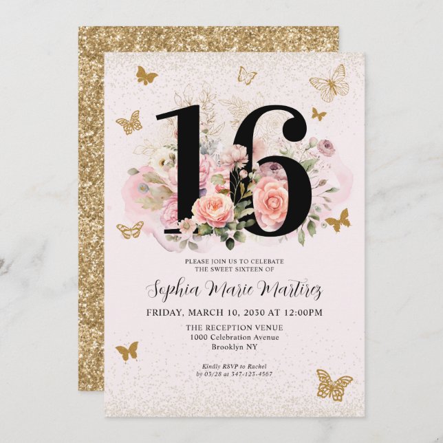 Floral Blush Pink Gold Glitter Butterfly Sweet 16 Invitation (Front/Back)