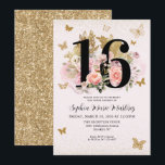 Floral Blush Pink Gold Glitter Butterfly Sweet 16 Invitation<br><div class="desc">Floral Blush Pink Gold Glitter Butterfly Sweet 16 Birthday Invitation</div>