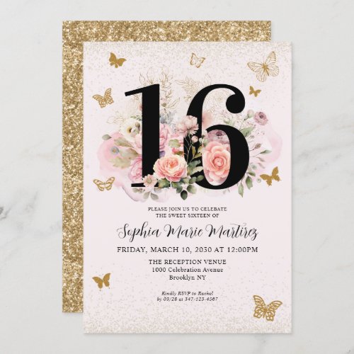 Floral Blush Pink Gold Glitter Butterfly Sweet 16 Invitation