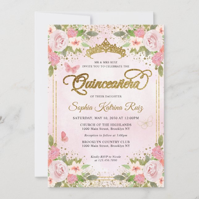 Floral Blush Pink Gold Glitter Crown Quinceañera Invitation (Front)