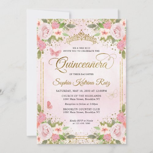 Floral Blush Pink Gold Glitter Crown Quinceaera Invitation
