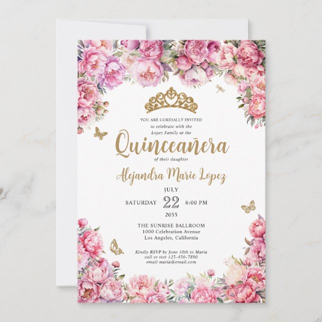 Floral Blush Pink Gold Glitter Tiara Quinceañera Invitation (Front)