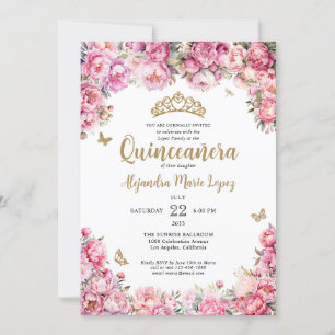 Floral Blush Pink Gold Glitter Tiara Quinceañera Invitation