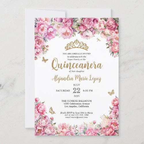 Floral Blush Pink Gold Glitter Tiara Quinceaera Invitation