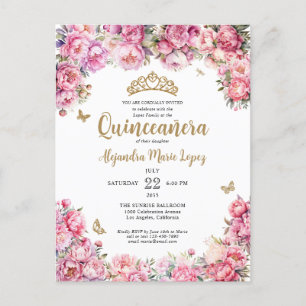 Floral Blush Pink Gold Glitter Tiara Quinceañera Postcard