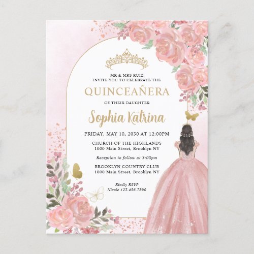 Floral Blush Pink Gold Gown Birthday Quinceanera Invitation Postcard