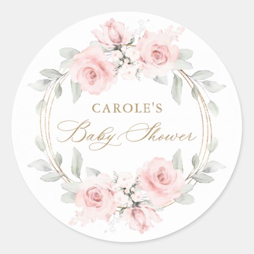 Floral Blush Pink Gold Greenery Baby Shower Classic Round Sticker