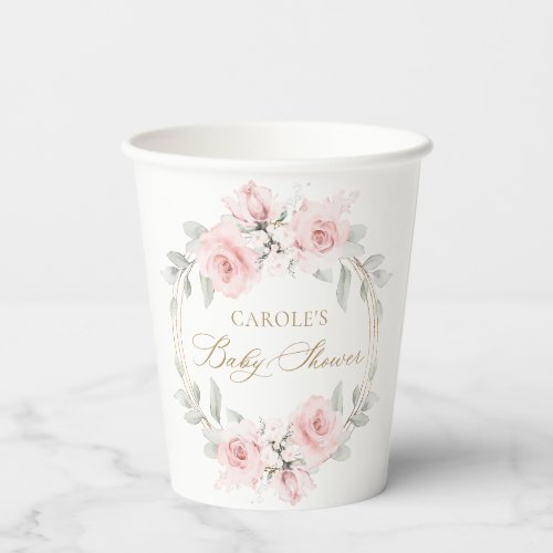 Floral Blush Pink Gold Greenery Baby Shower Paper Cups