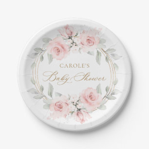 Floral Blush Pink Gold Greenery Baby Shower Paper Plates