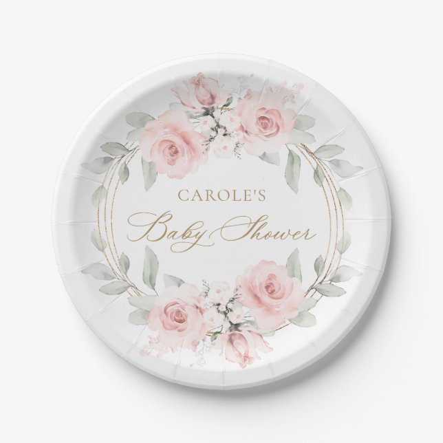 Floral Blush Pink Gold Greenery Baby Shower Paper Plates (Front)