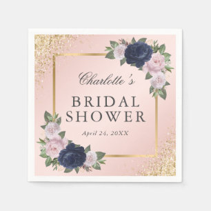 Floral Blush Pink Gold Navy Blue Bridal Shower Napkins