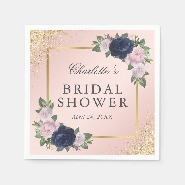Floral Blush Pink Gold Navy Blue Bridal Shower Napkins (Front)