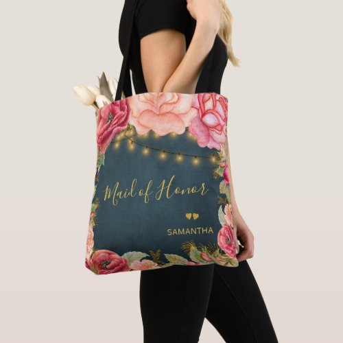 Floral blush pink gold navy maid oh honor tote bag