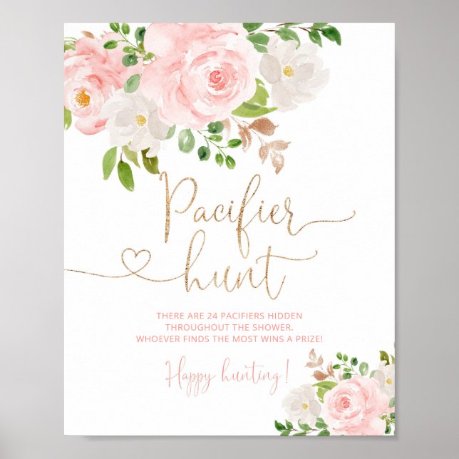 Floral blush pink gold Pacifier hunt game Poster (Front)
