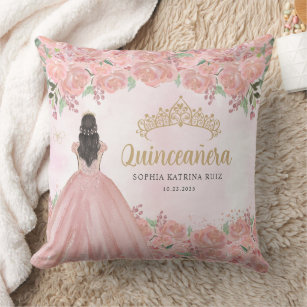 Floral Blush Pink Gold Princess Tiara Quinceanera  Throw Pillow