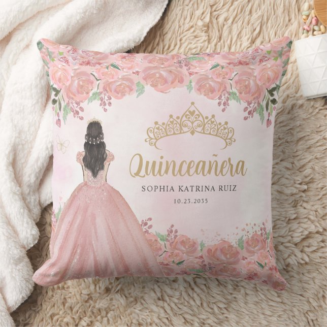 Floral Blush Pink Gold Princess Tiara Quinceanera  Throw Pillow (Blanket)