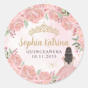 Floral Blush Pink Gold Quinceanera Birthday Favor Classic Round Sticker