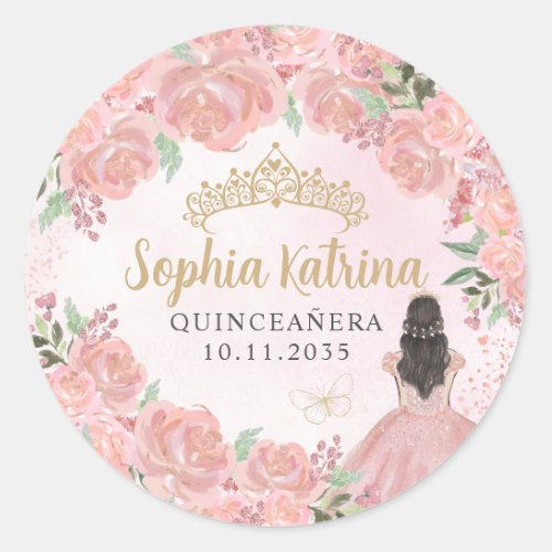 Floral Blush Pink Gold Quinceanera Birthday Favor Classic Round Sticker