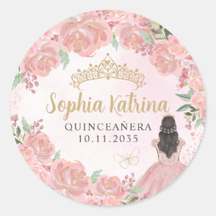 Floral Blush Pink Gold Quinceanera Birthday Favor Classic Round Sticker