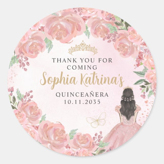 Floral Blush Pink Gold Quinceanera Birthday Favor Classic Round Sticker (Front)