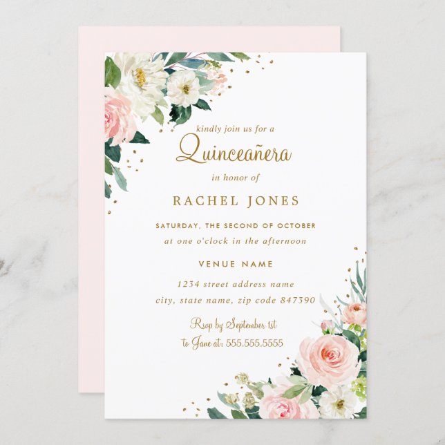 Floral Blush Pink Gold Quinceanera Invitation (Front/Back)