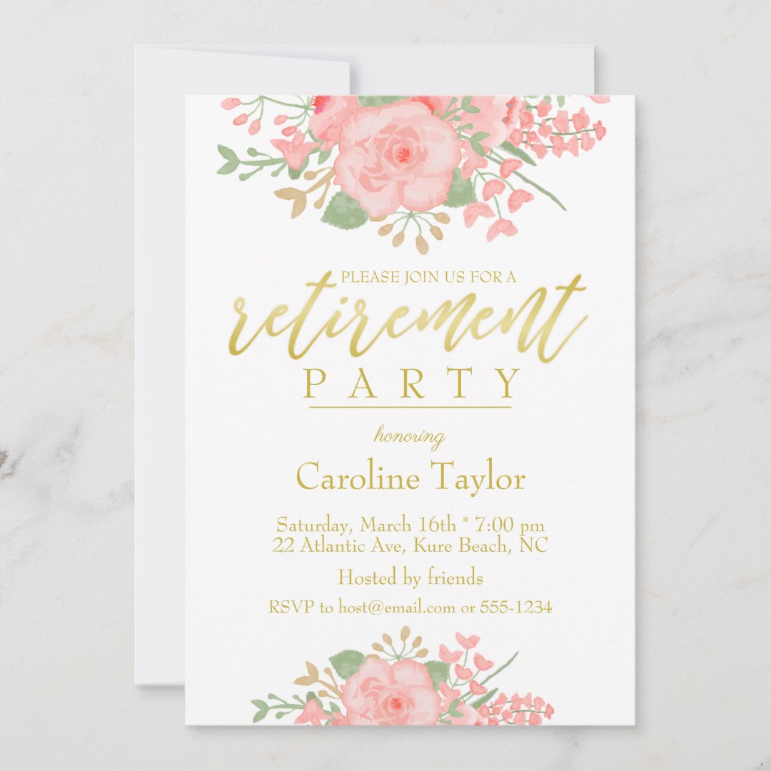 Floral Blush Pink Gold Retirement Party Invitation | Zazzle