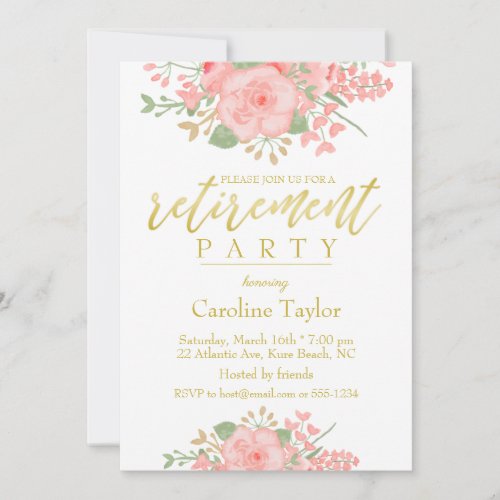 Floral Blush Pink Gold Retirement Party Invitation