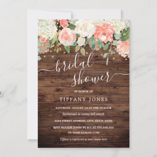 Floral Blush Pink Gold Rustic Wood Bridal Shower Invitation