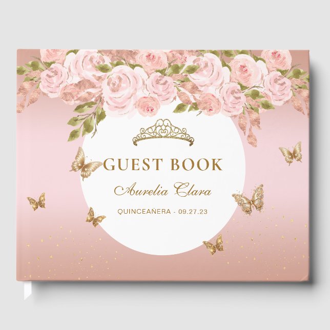 Floral Blush Pink Gold Tiara Butterfly  Guest Book (Front)